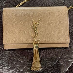 YSL tan wallet on chain with gold tassel similar to Kate bag bit smaller
